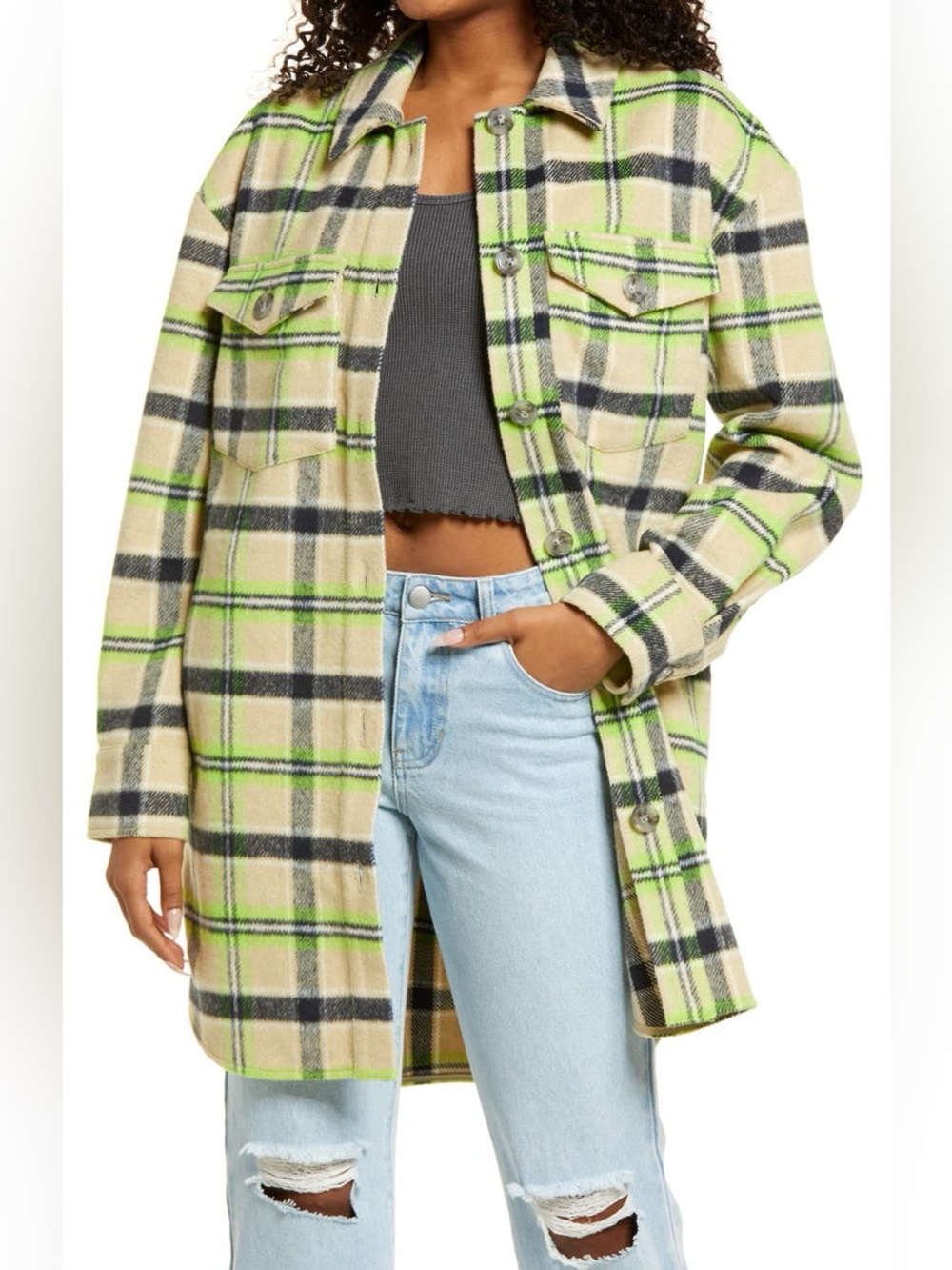 BP Brushed Plaid Oversized Shirt Jacket Green Beige Size 2X